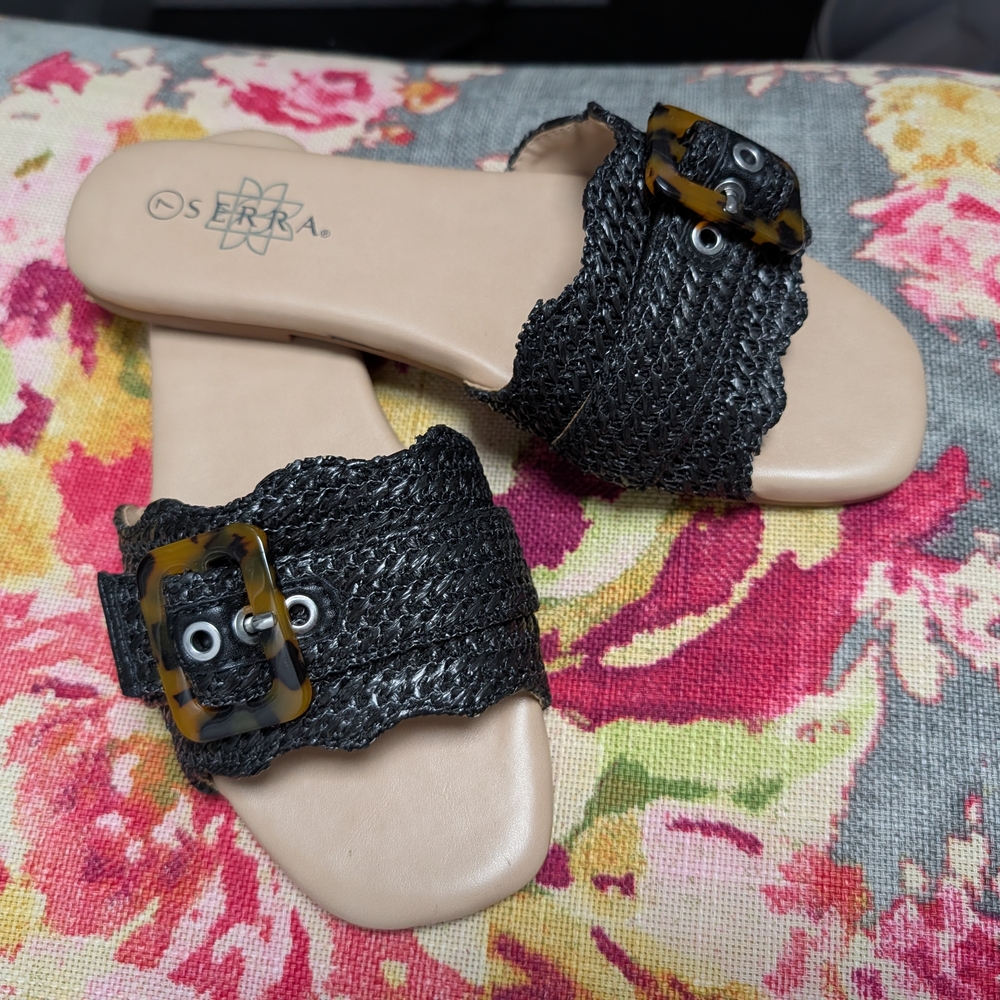 Serra Black Woven Sandals with Tortoiseshell Buckle